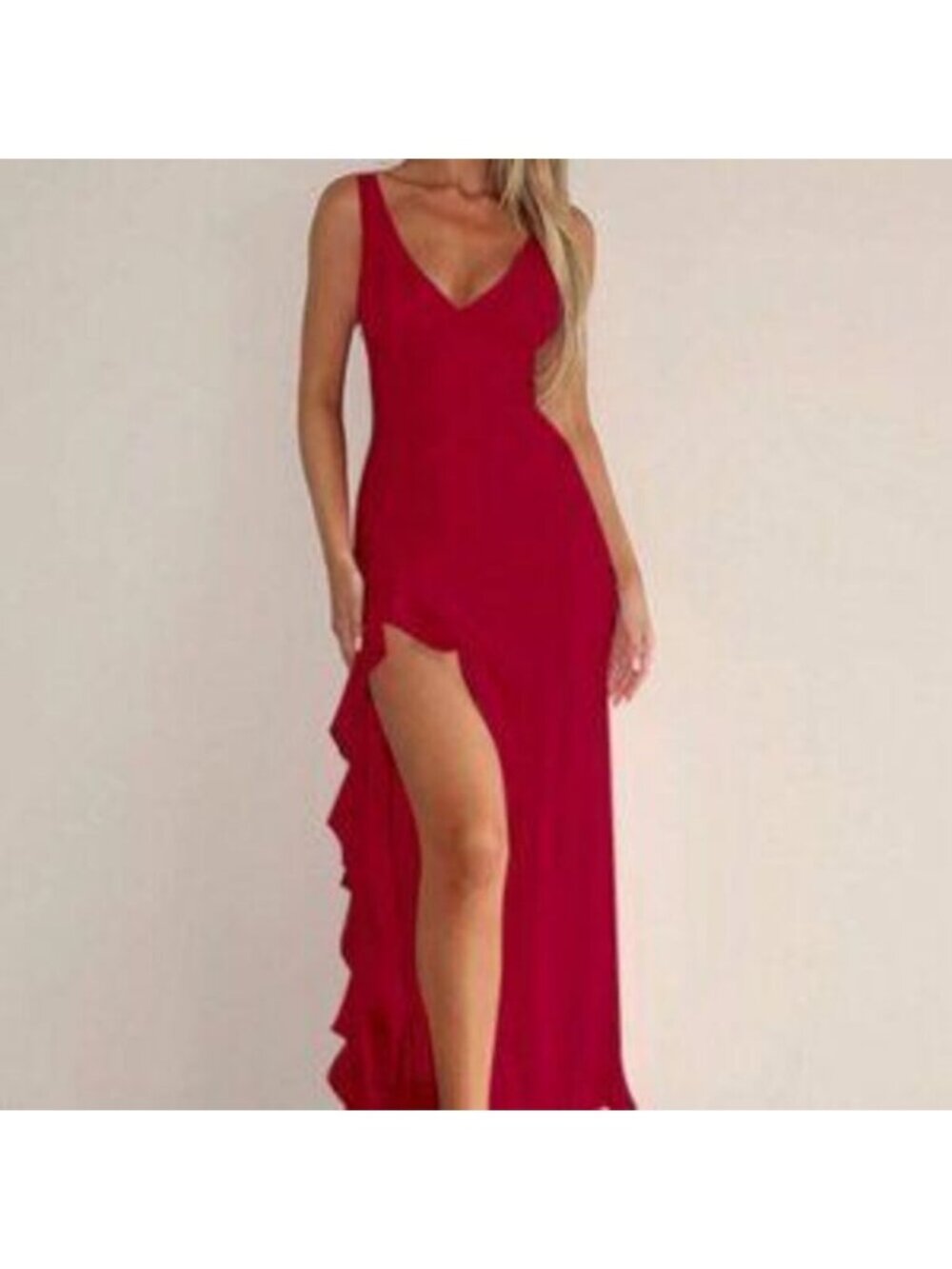 Red Elegant Women's V-Neck Ruffle Hem Slit maxi Dress